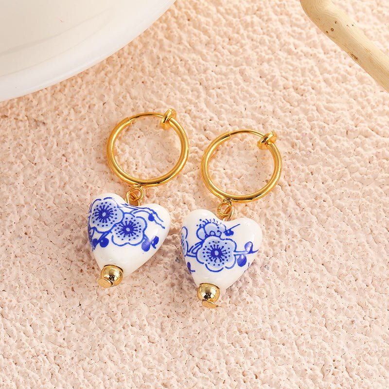 Vintage Hand Painted Blue And White Ceramic Beaded Earrings-Jewearrings