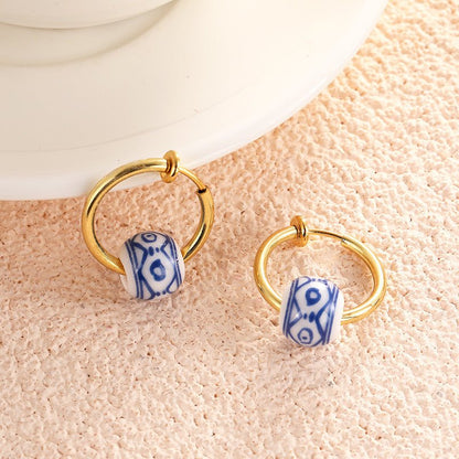 Vintage Hand Painted Blue And White Ceramic Beaded Earrings-Jewearrings