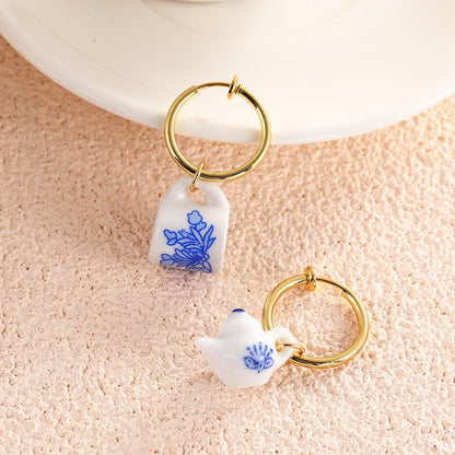 Vintage Hand Painted Blue And White Ceramic Beaded Earrings-Jewearrings