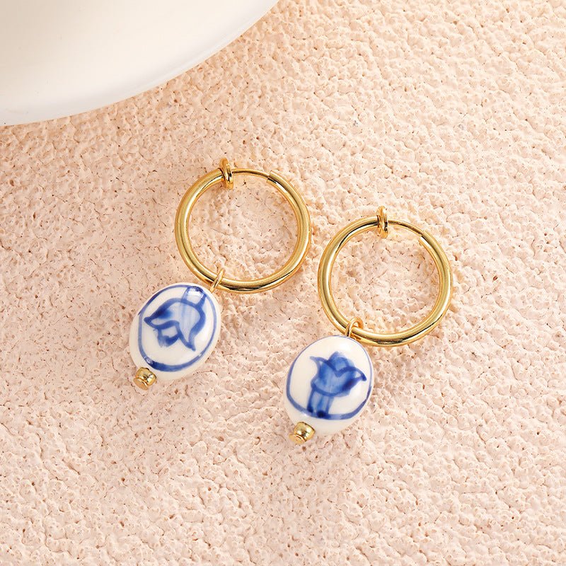 Vintage Hand Painted Blue And White Ceramic Beaded Earrings-Jewearrings