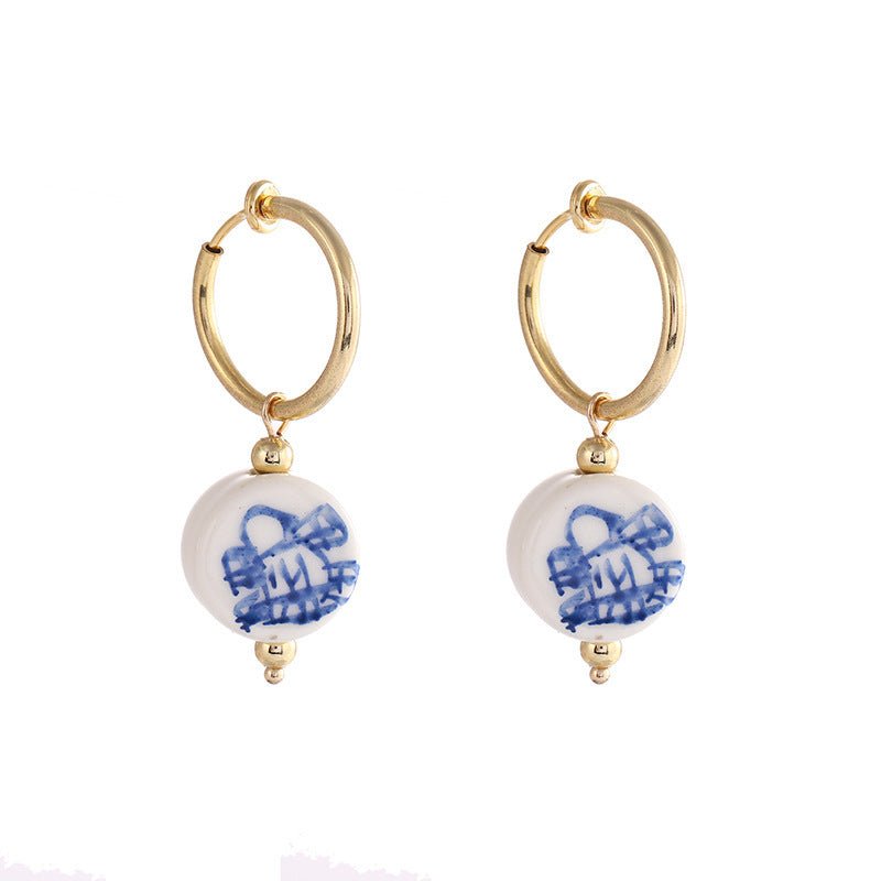 Vintage Hand Painted Blue And White Ceramic Beaded Earrings-Jewearrings