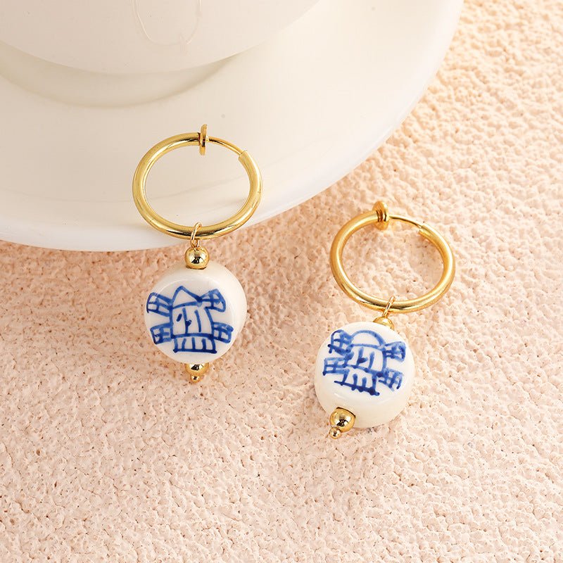 Vintage Hand Painted Blue And White Ceramic Beaded Earrings-Jewearrings