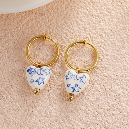 Vintage Hand Painted Blue And White Ceramic Beaded Earrings-Jewearrings