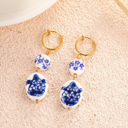 Vintage Hand Painted Blue And White Ceramic Beaded Earrings-Jewearrings