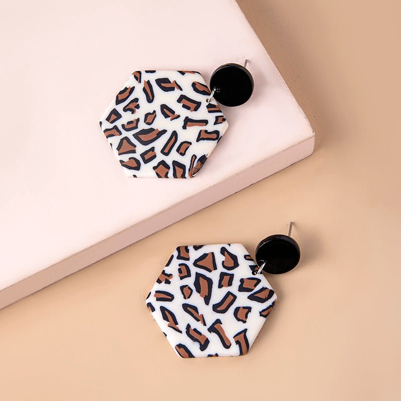 Vintage Hexagon Leopard Print Acrylic Pendant Earrings-Jewearrings