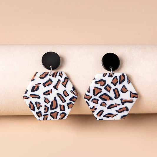 Vintage Hexagon Leopard Print Acrylic Pendant Earrings-Jewearrings