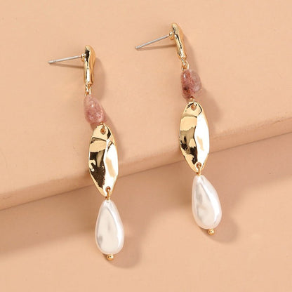 Vintage Natural Stone Metal Long Earrings Baroque Pearl Creative Women's Earrings-Jewearrings