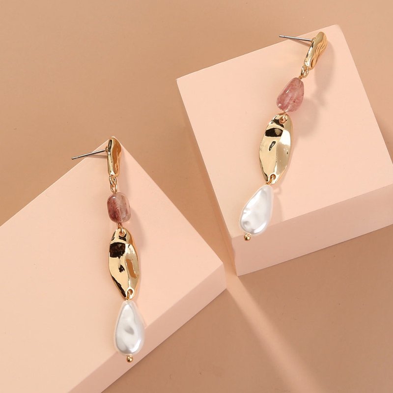 Vintage Natural Stone Metal Long Earrings Baroque Pearl Creative Women's Earrings-Jewearrings