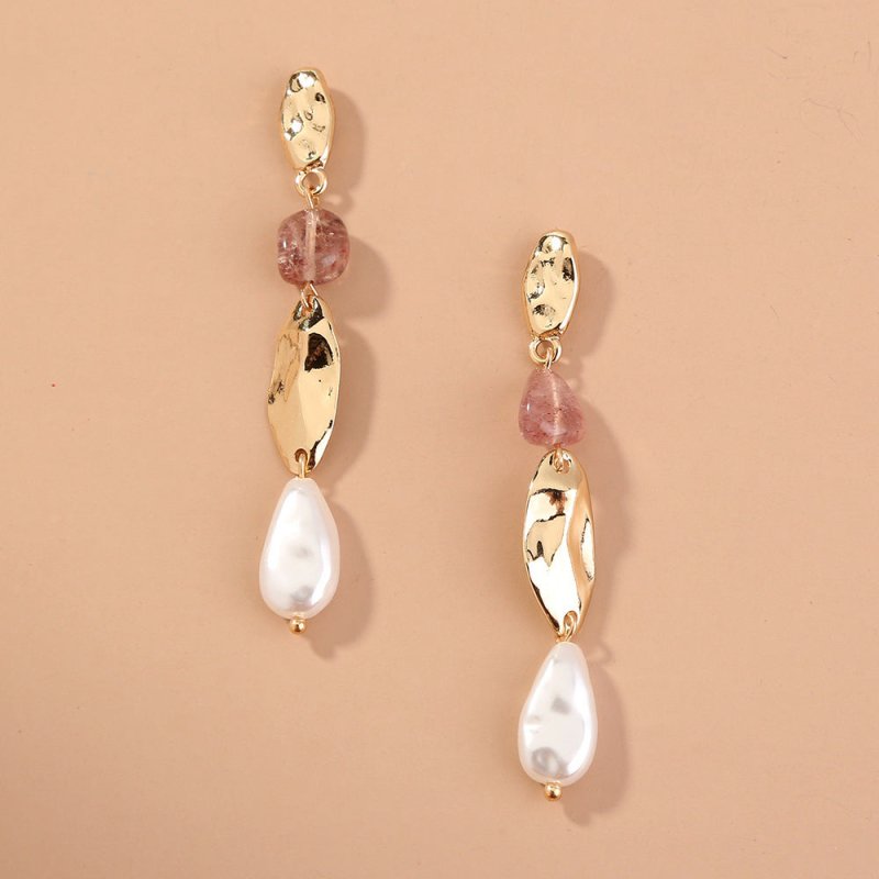 Vintage Natural Stone Metal Long Earrings Baroque Pearl Creative Women's Earrings-Jewearrings