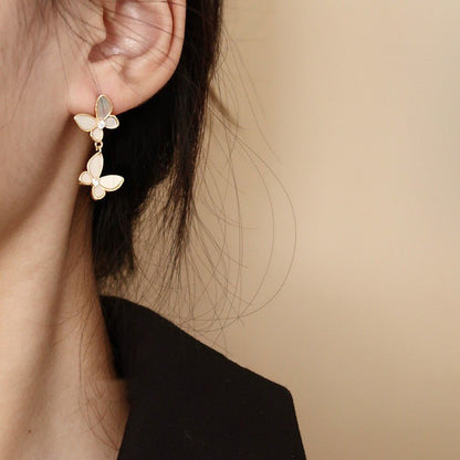 Vintage Pearl Shell Butterfly Tassel Long Female Earrings-Jewearrings