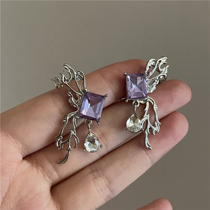 Vintage Purple Diamond Stereo Butterfly Stud Earrings-Jewearrings