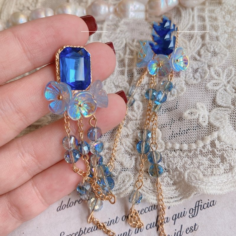 Vintage Rococo Style Purple Blue Tassel Long Earrings-Jewearrings