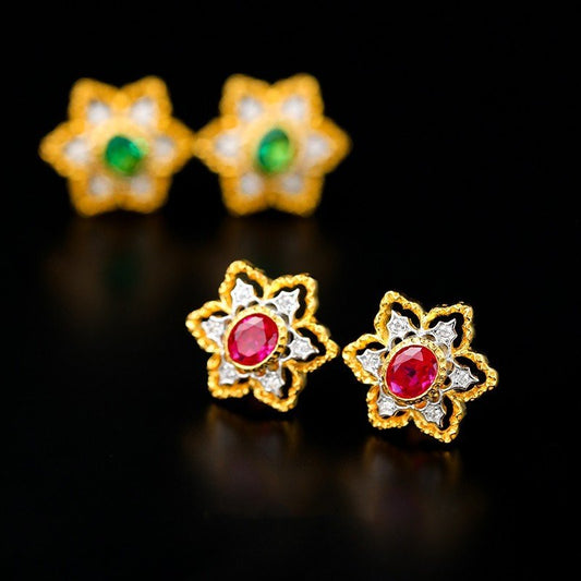 Vintage Ruby Flower Stud Earrings-Jewearrings