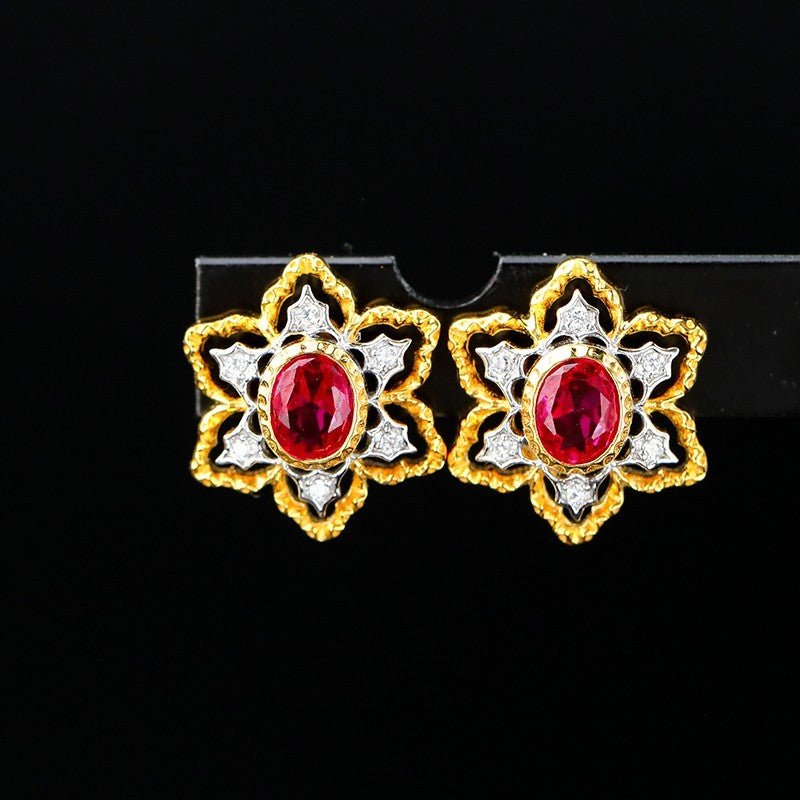 Vintage Ruby Flower Stud Earrings-Jewearrings