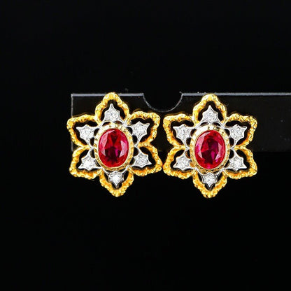 Vintage Ruby Flower Stud Earrings-Jewearrings