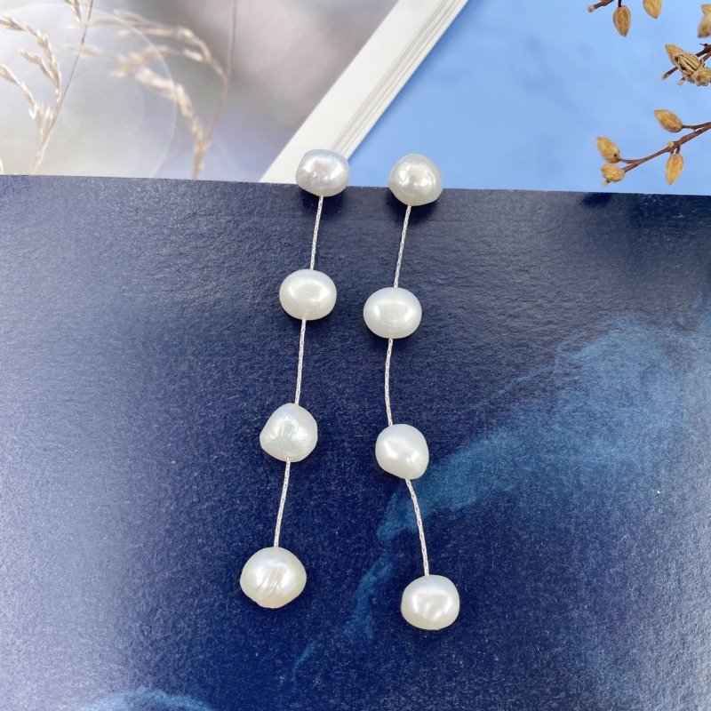 Vintage S925 Silver Needle Natural Pearl Long Earrings-Jewearrings