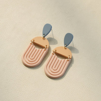 Vintage Striped Oval Exaggerated 3D Engraved Acrylic Earrings-Jewearrings