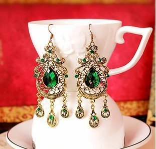 Vintage Tassel Drop Earrings Bohemian Water Drop Green Crystal Stone Long Earrings-Jewearrings