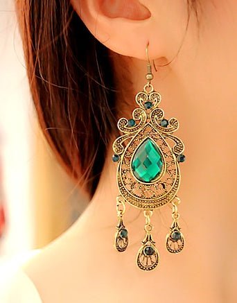 Vintage Tassel Drop Earrings Bohemian Water Drop Green Crystal Stone Long Earrings-Jewearrings