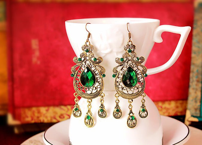 Vintage Tassel Drop Earrings Bohemian Water Drop Green Crystal Stone Long Earrings-Jewearrings