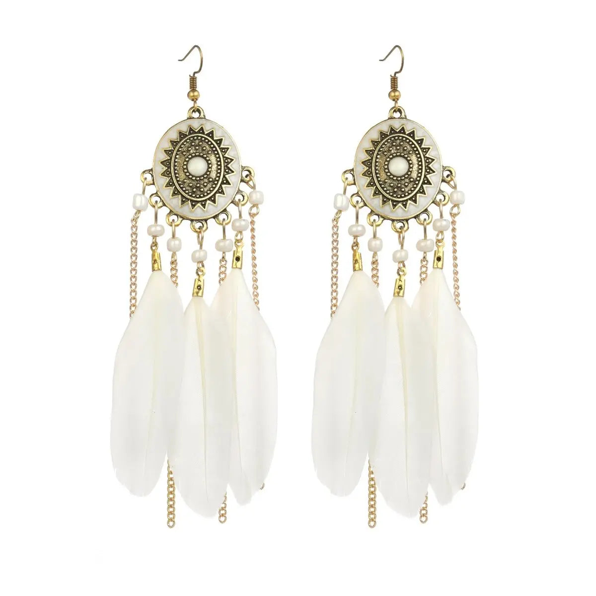 Vintage White Feather Tassel Earrings | Boho Style-Jewearrings