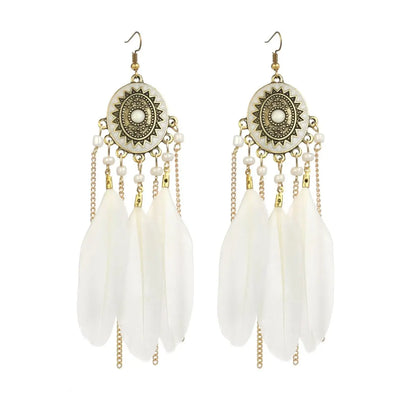 Vintage White Feather Tassel Earrings | Boho Style-Jewearrings