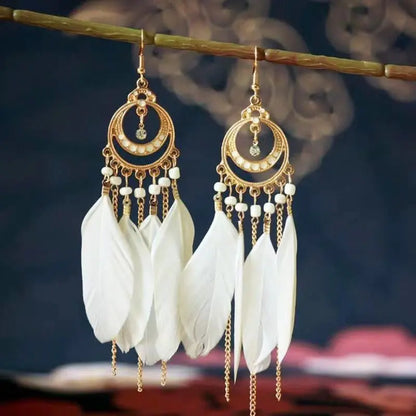 Vintage White Feather Tassel Earrings | Boho Style-Jewearrings