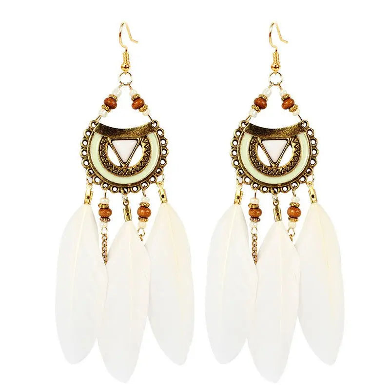 Vintage White Feather Tassel Earrings | Boho Style-Jewearrings