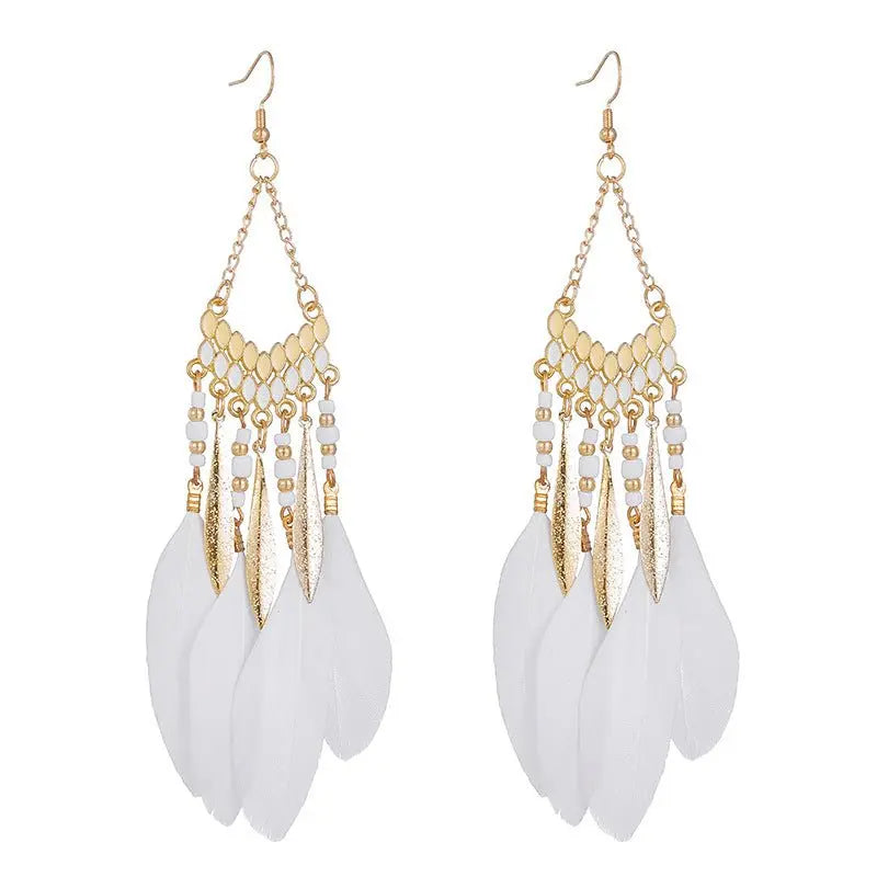 Vintage White Feather Tassel Earrings | Boho Style-Jewearrings