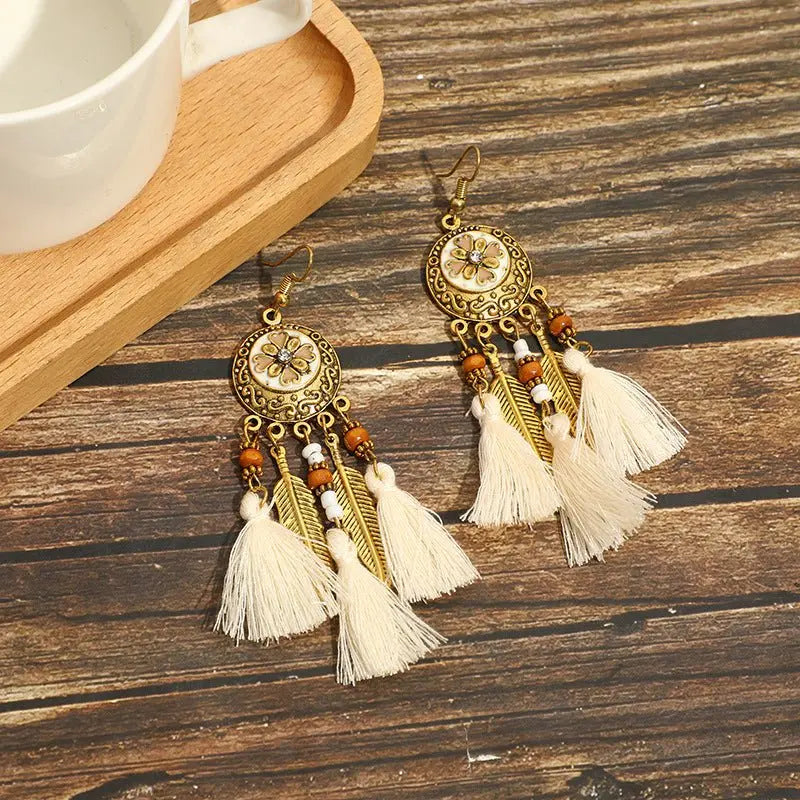 Vintage White Feather Tassel Earrings | Boho Style-Jewearrings