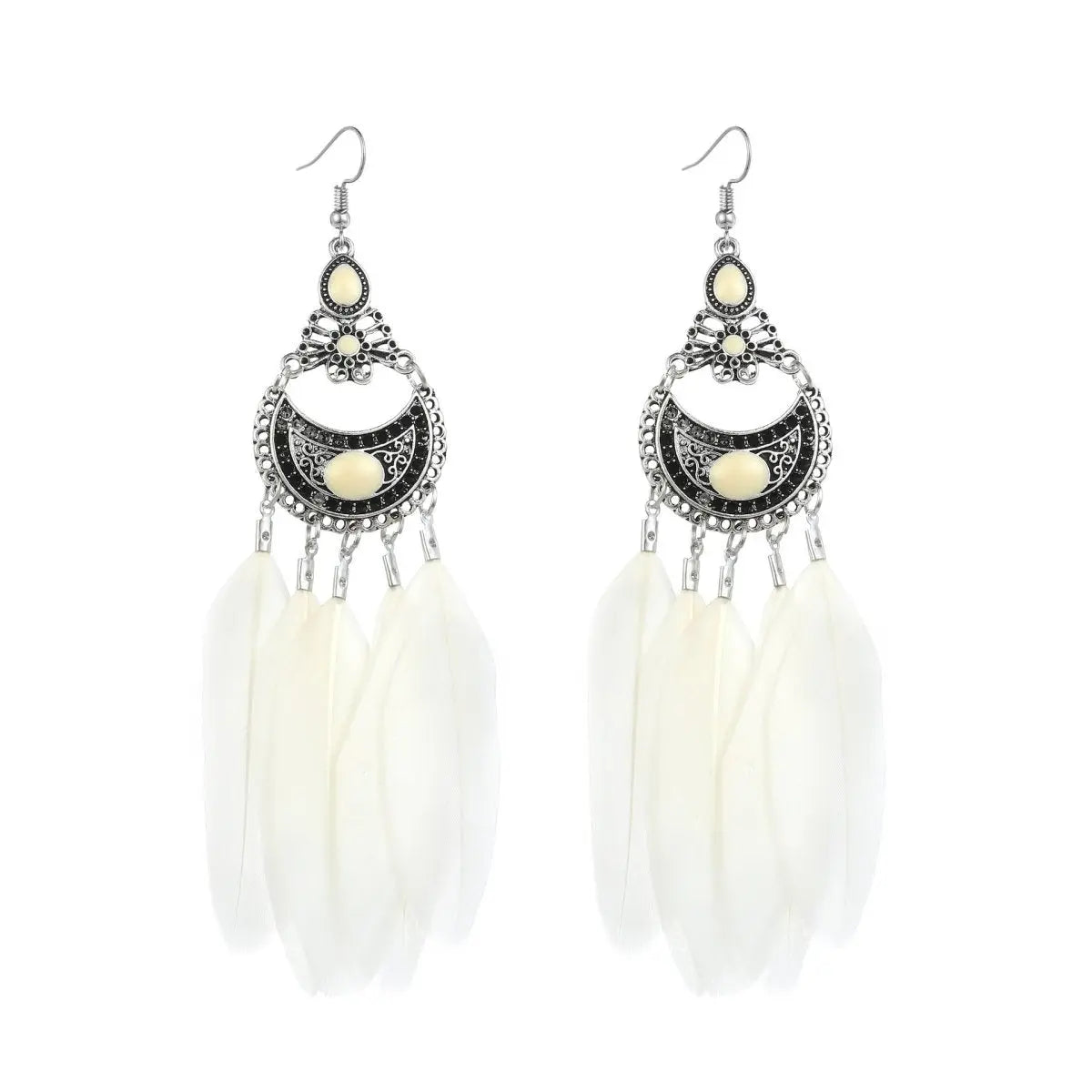 Vintage White Feather Tassel Earrings | Boho Style-Jewearrings