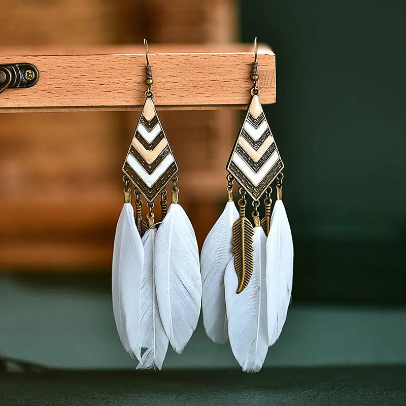 Vintage White Feather Tassel Earrings | Boho Style-Jewearrings