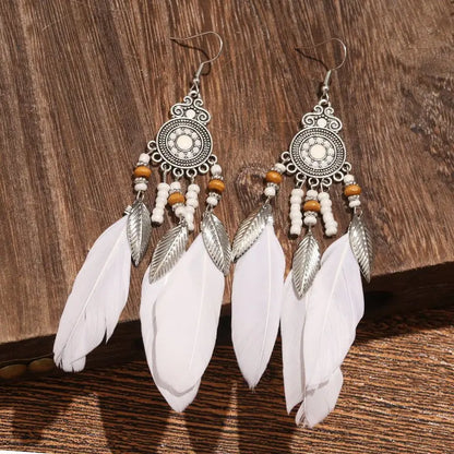 Vintage White Feather Tassel Earrings | Boho Style-Jewearrings