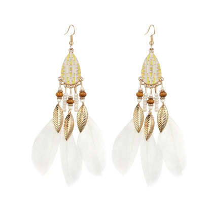 Vintage White Feather Tassel Earrings | Boho Style-Jewearrings