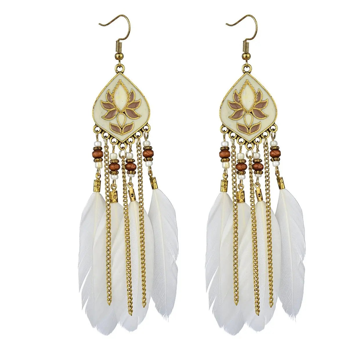 Vintage White Feather Tassel Earrings | Boho Style-Jewearrings