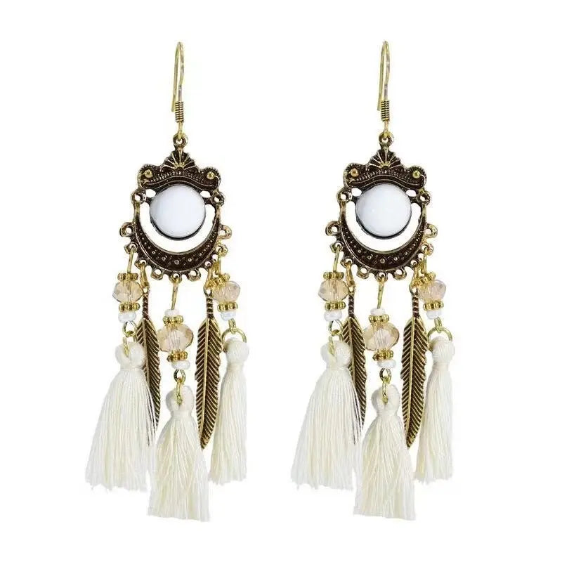 Vintage White Feather Tassel Earrings | Boho Style-Jewearrings