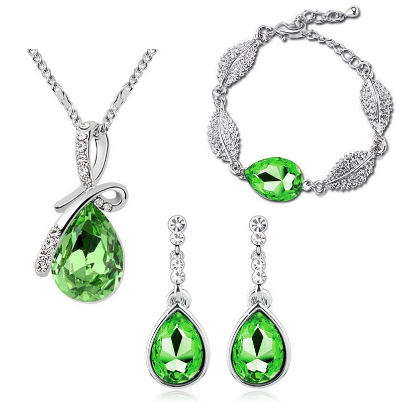 Water Drop Crystal Earrings Man Tingfang Necklace Acacia Leaf Bracelet Three-piece Set-Jewearrings