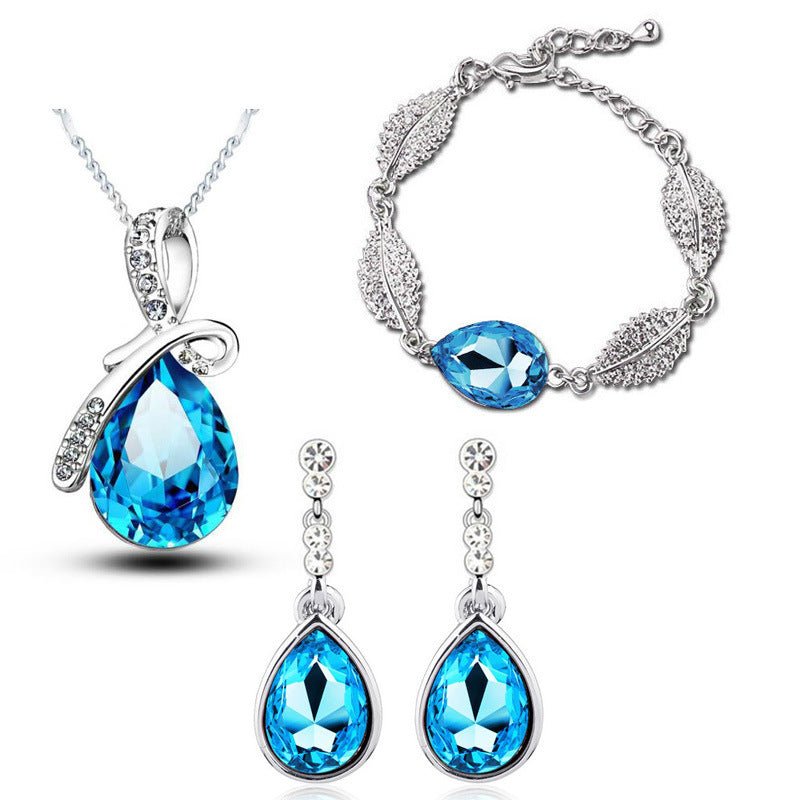 Water Drop Crystal Earrings Man Tingfang Necklace Acacia Leaf Bracelet Three-piece Set-Jewearrings