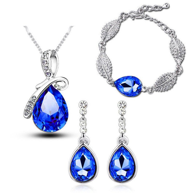 Water Drop Crystal Earrings Man Tingfang Necklace Acacia Leaf Bracelet Three-piece Set-Jewearrings