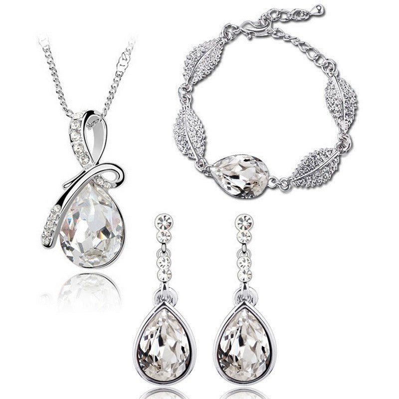 Water Drop Crystal Earrings Man Tingfang Necklace Acacia Leaf Bracelet Three-piece Set-Jewearrings