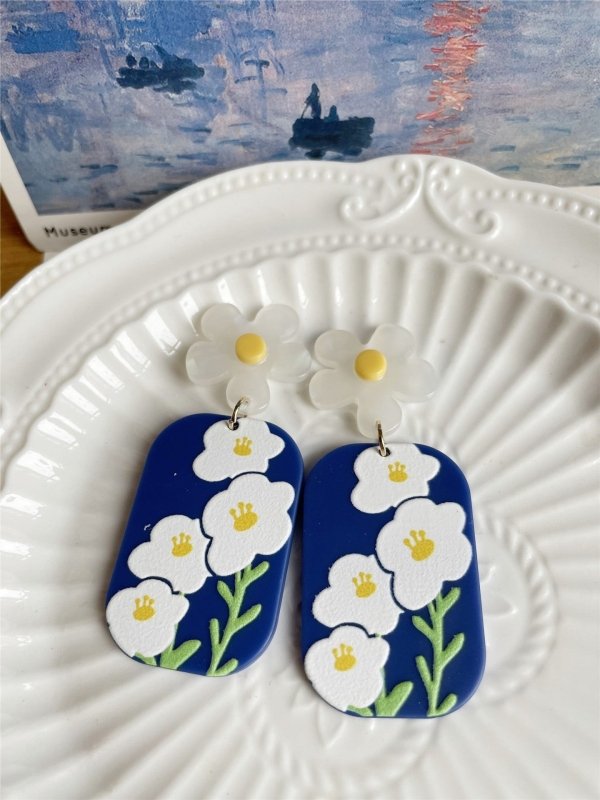 White Flower Earrings - Blue & White-Jewearrings