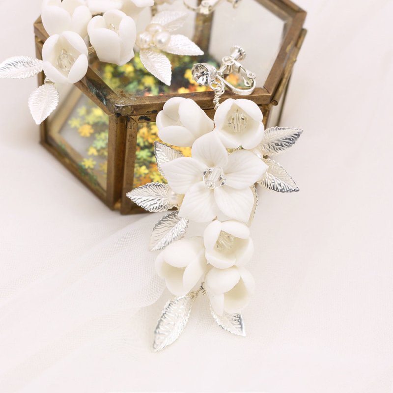 White Flower Earrings - Ceramic Bridal-Jewearrings