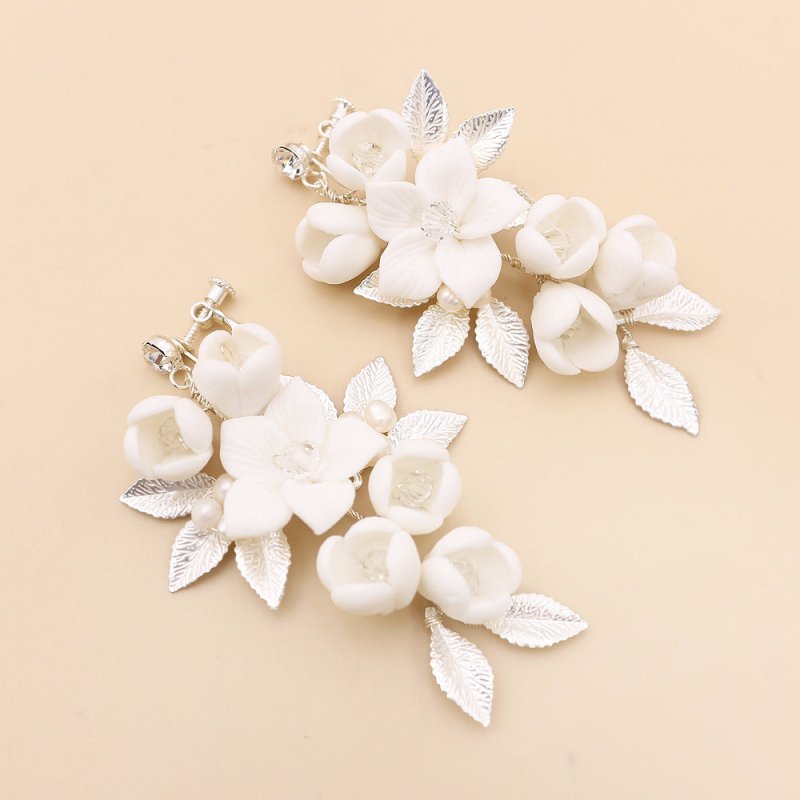 White Flower Earrings - Ceramic Bridal-Jewearrings