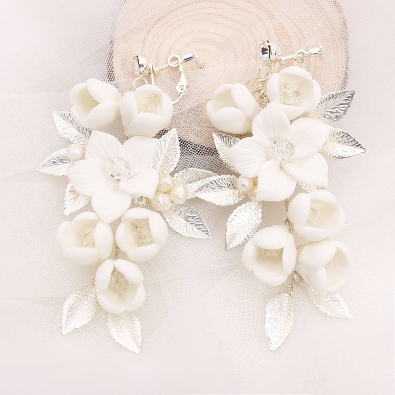 White Flower Earrings - Ceramic Bridal-Jewearrings