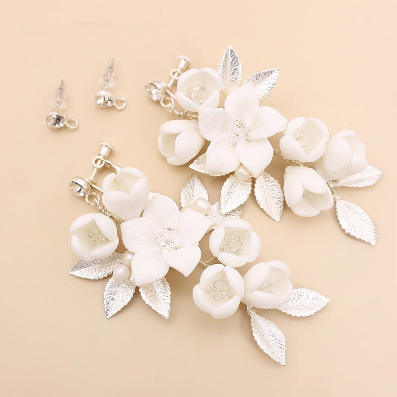 White Flower Earrings - Ceramic Bridal-Jewearrings