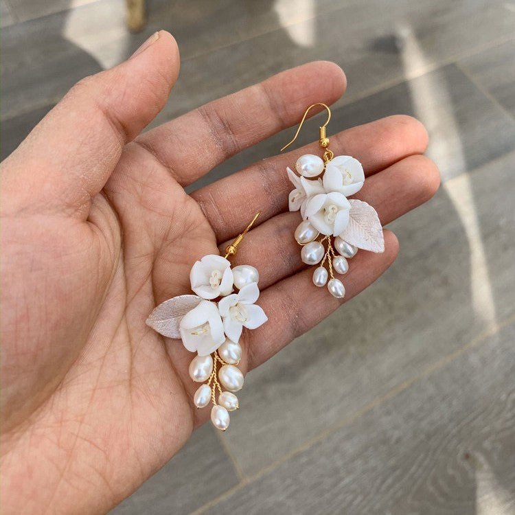 White Flower Earrings - Ceramic Earhook-Jewearrings