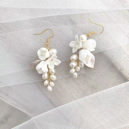 White Flower Earrings - Ceramic Earhook-Jewearrings