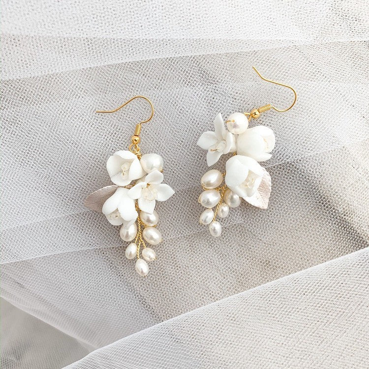 White Flower Earrings - Ceramic Earhook-Jewearrings