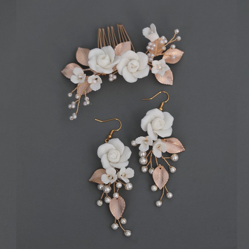 White Flower Earrings - Ceramic Hair Comb-Jewearrings