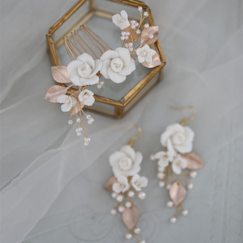 White Flower Earrings - Ceramic Hair Comb-Jewearrings